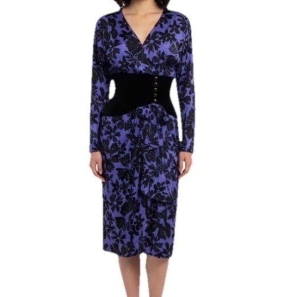 VTG A.J. Bari Silk Floral Dress Women 6 Purple Black Velvet Waist Midi 80s